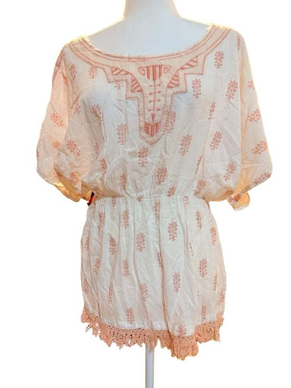 Free People Embroidered Tunic Dress White Pink Floral Dolman Sleeve